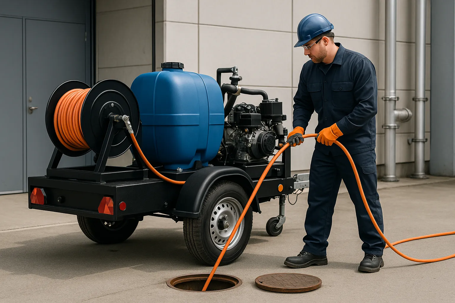 a technician operating a trailer-mounted hydro jetting machine to clean a commercial sewer line — commercial plumbing