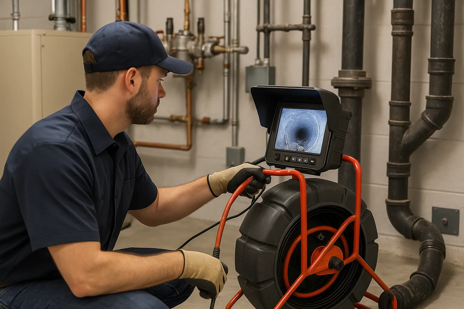 a plumber watching a drain-camera inspection monitor while scoping a commercial sewer pipe — commercial plumbing