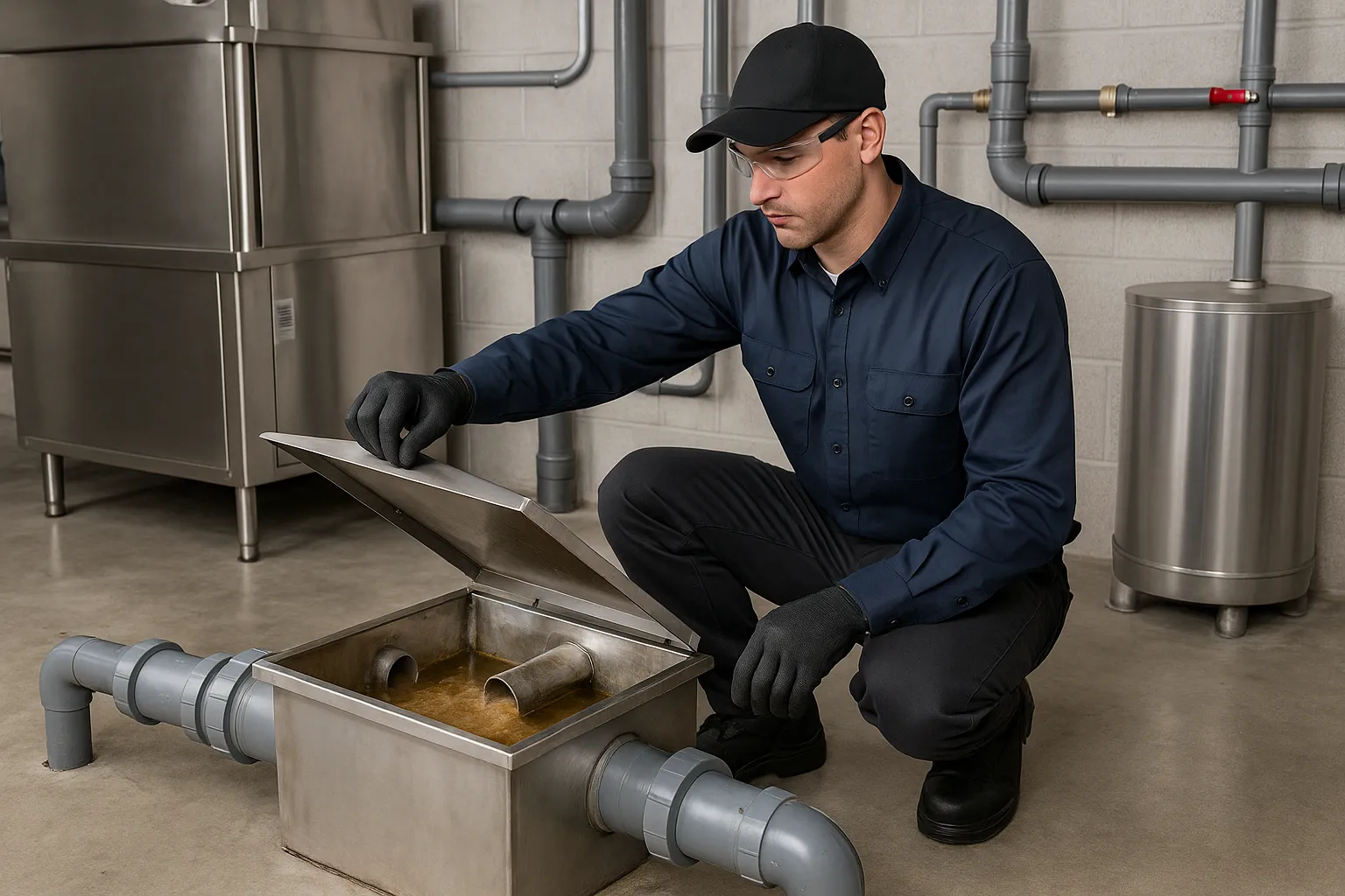 a uniformed technician servicing a commercial kitchen grease interceptor — commercial plumbing