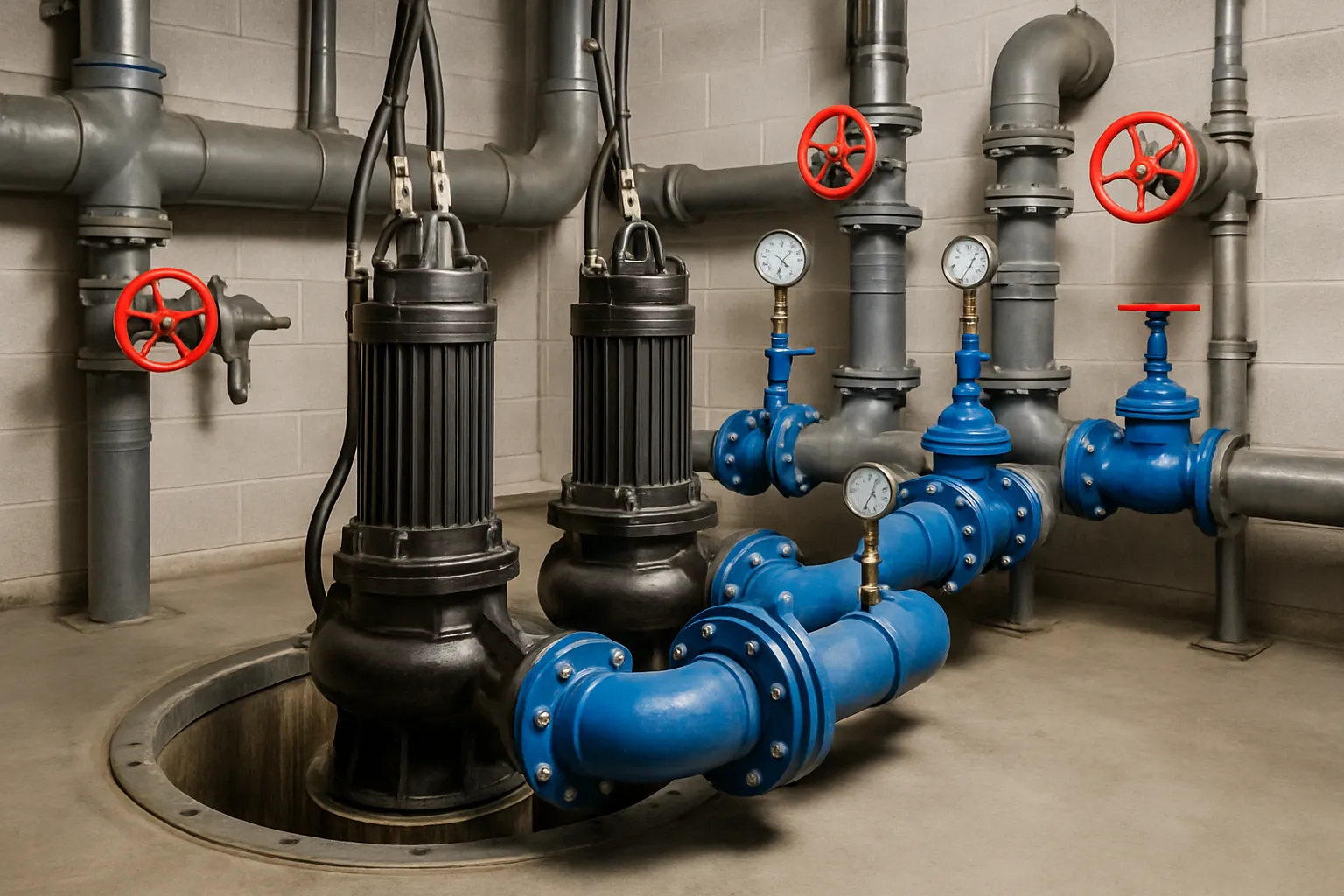 an industrial sewage lift station with pumps, valves, and pressure gauges in a utility room — commercial plumbing
