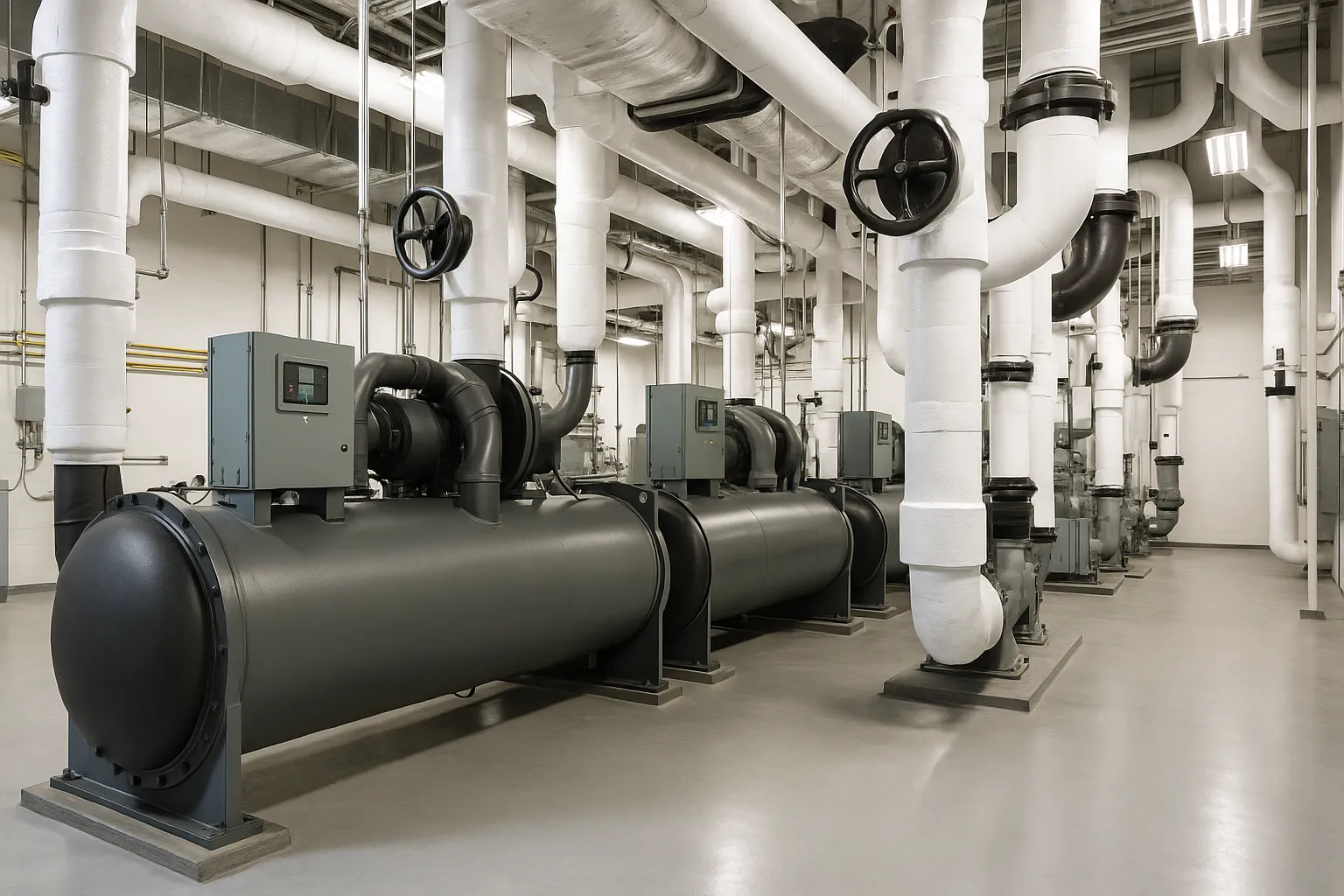 the interior of a commercial mechanical room with large water-cooled chillers and insulated piping — commercial HVAC