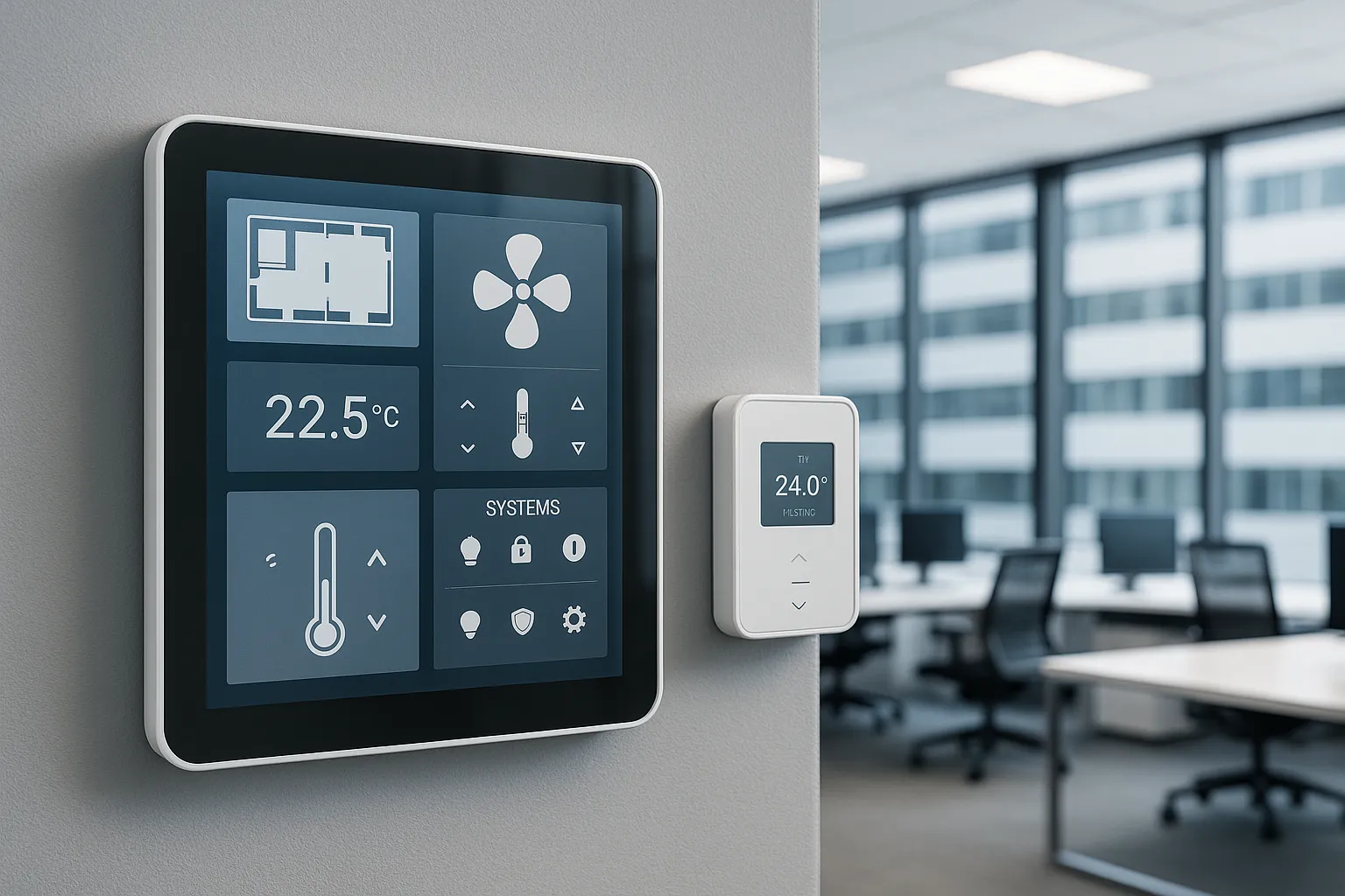 a building automation system control panel and smart HVAC controls in a modern commercial building — commercial HVAC