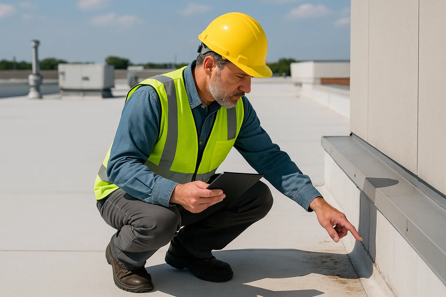 a commercial roof inspector documenting flashing and seam condition with a tablet on a rooftop — commercial roofing