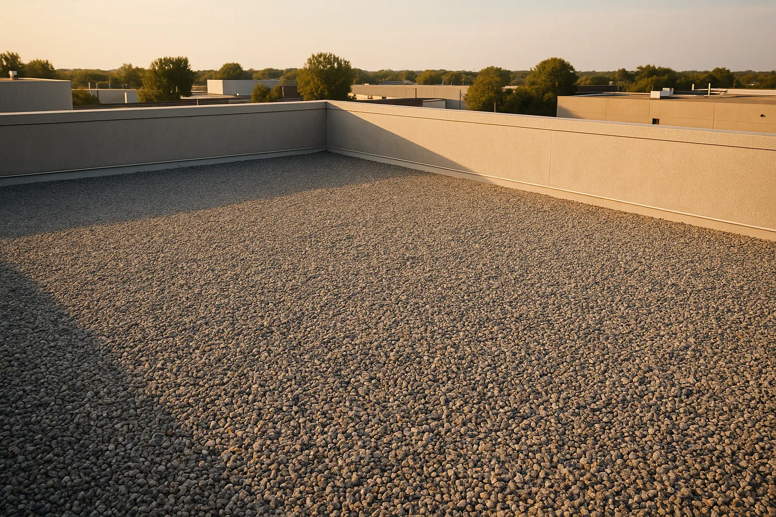 a built-up (BUR) gravel roof surface on a commercial building with parapet walls, late afternoon light — commercial roofing