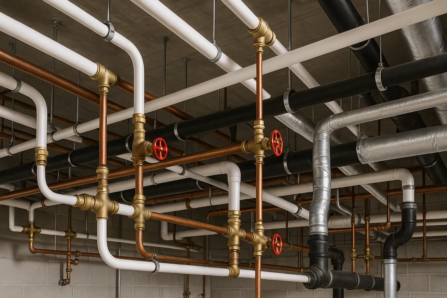 exposed overhead commercial plumbing pipes, valves, and insulation across a building ceiling — commercial plumbing