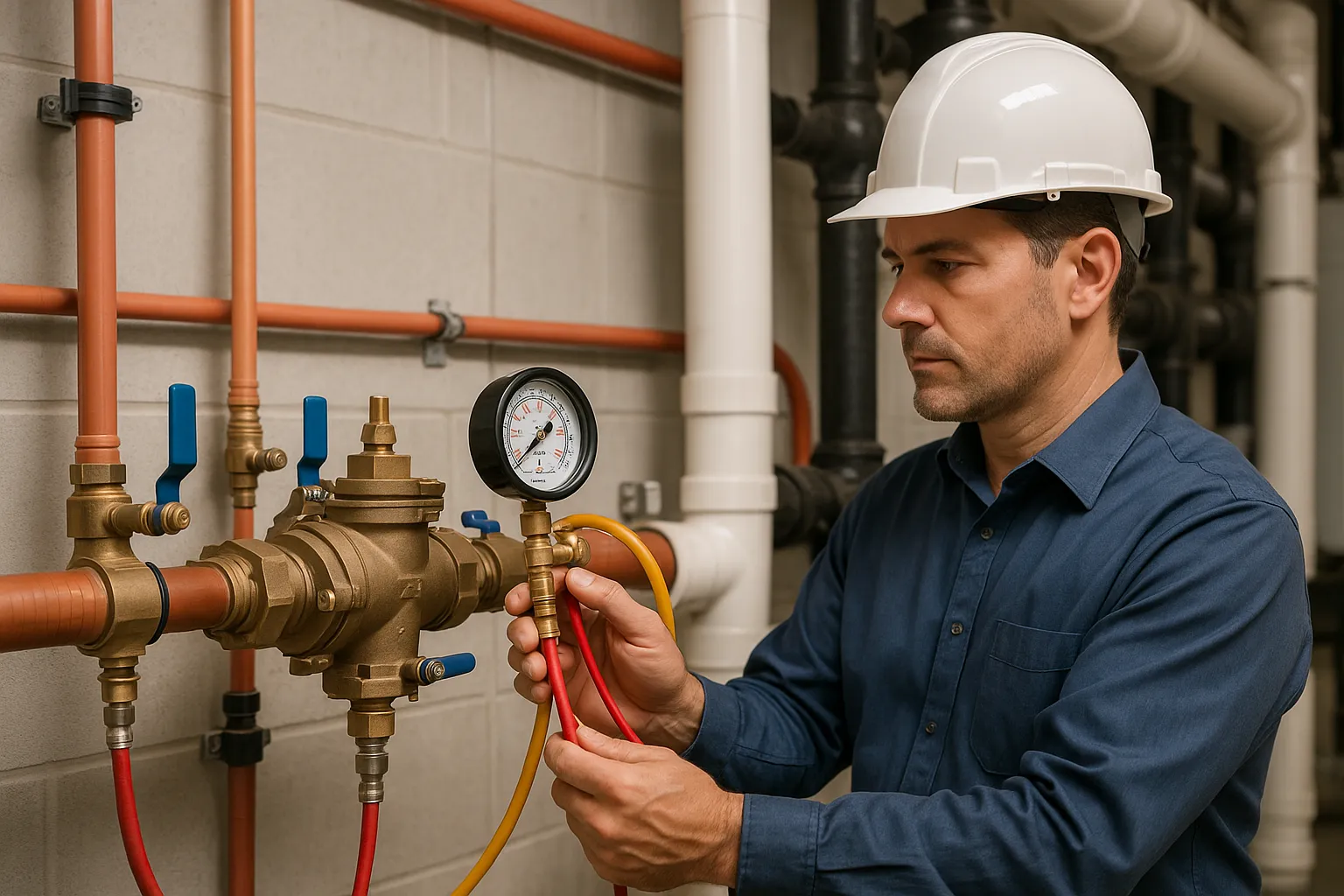 a technician testing a commercial backflow assembly with a pressure gauge kit — commercial plumbing