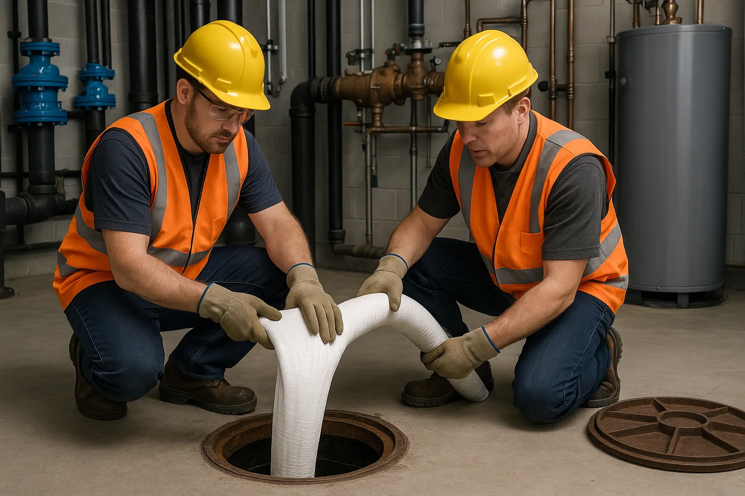 a trenchless pipe-relining crew feeding a cured-in-place liner into a commercial sewer access pit — commercial plumbing