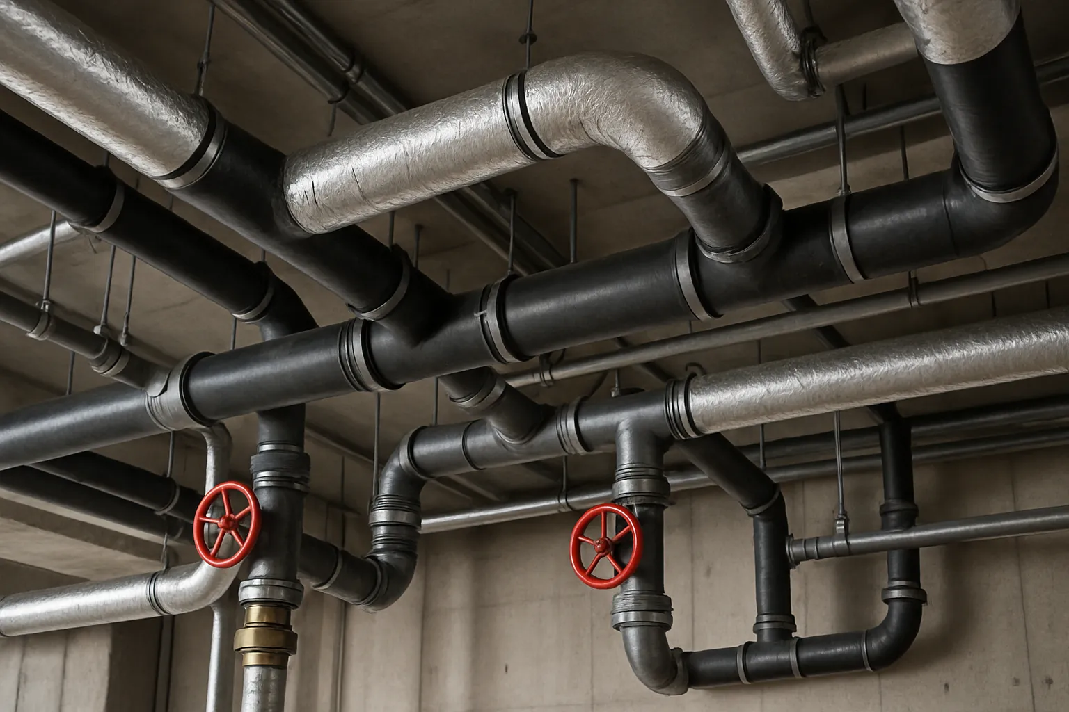 exposed overhead commercial plumbing pipes, valves, and insulation across a building ceiling — commercial plumbing