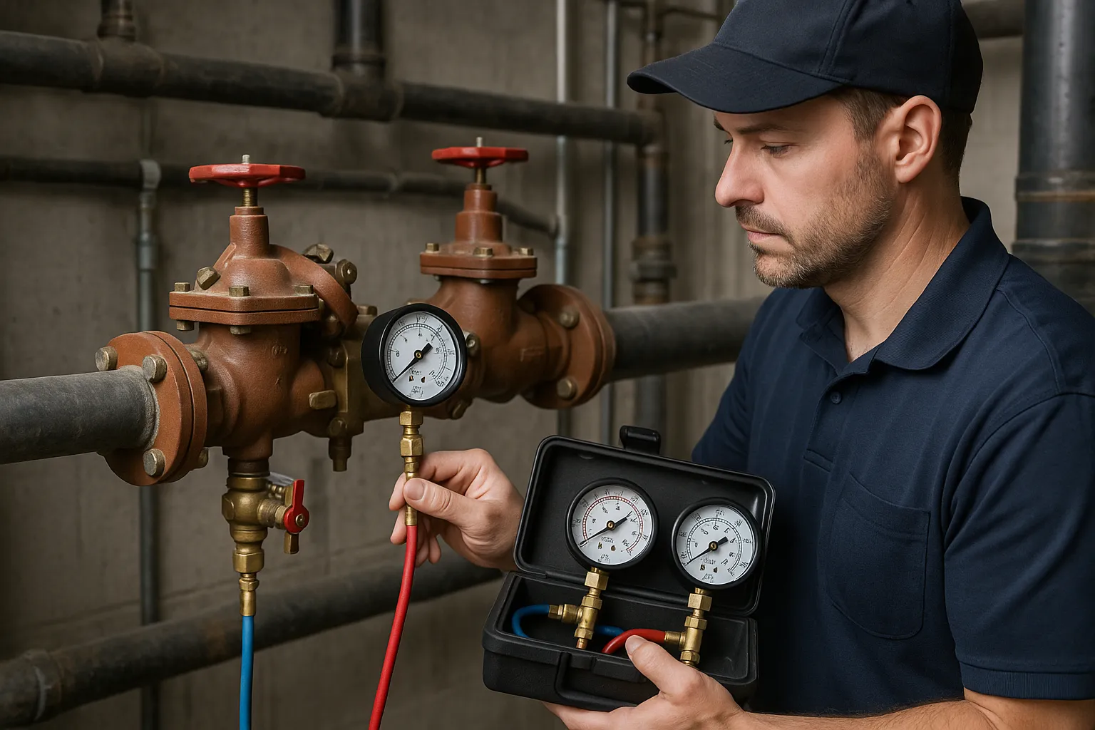 a technician testing a commercial backflow assembly with a pressure gauge kit — commercial plumbing