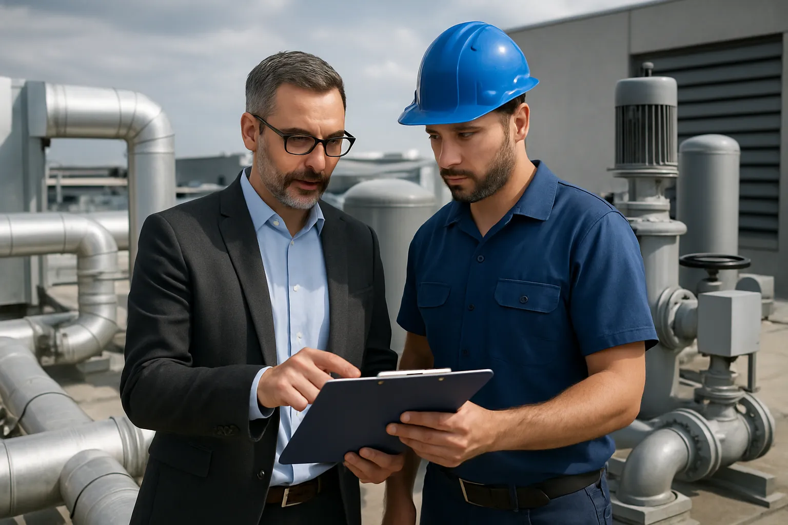 a facility manager and plumber reviewing a clipboard beside rooftop mechanical plumbing equipment — commercial plumbing