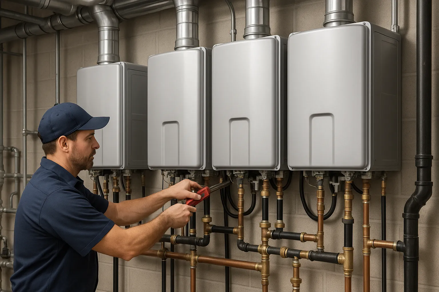 a plumber installing a commercial tankless water heater bank on a mechanical-room wall — commercial plumbing