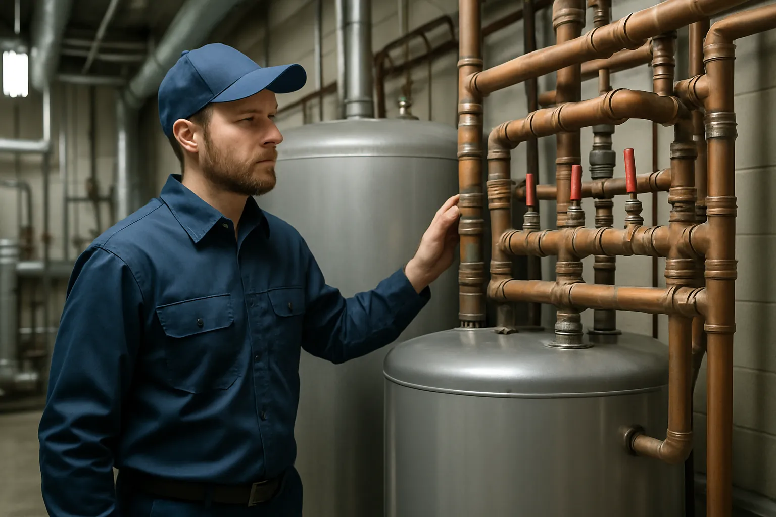 a commercial plumber in uniform inspecting a large boiler and copper supply manifold in a building mechanical room — commercial plumbing