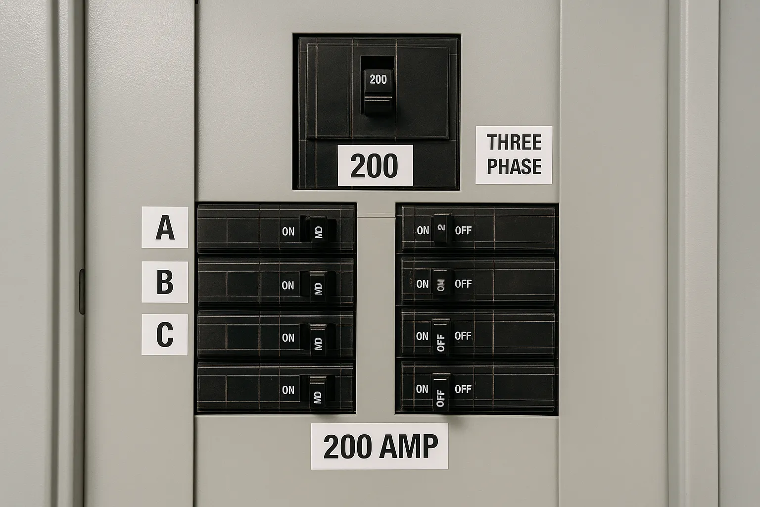 a close-up of a labeled three-phase 200-amp electrical panel with breakers — commercial electrical