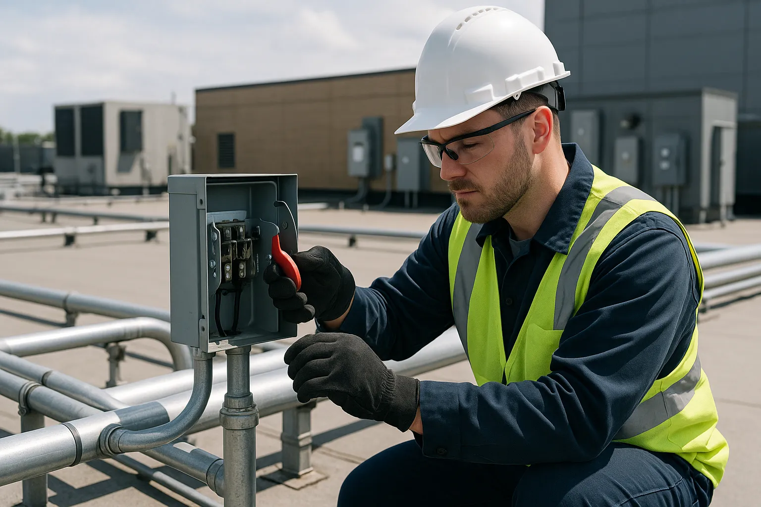 a technician servicing a rooftop electrical disconnect and conduit on a commercial building — commercial electrical