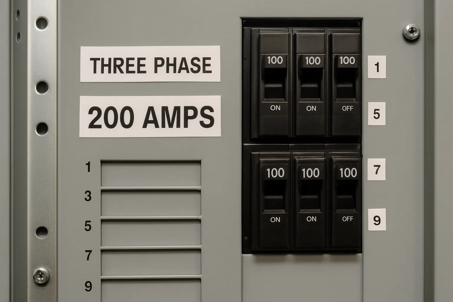 a close-up of a labeled three-phase 200-amp electrical panel with breakers — commercial electrical
