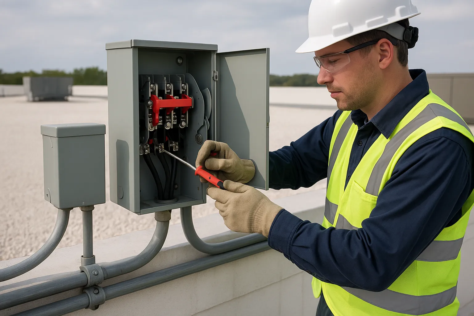 a technician servicing a rooftop electrical disconnect and conduit on a commercial building — commercial electrical