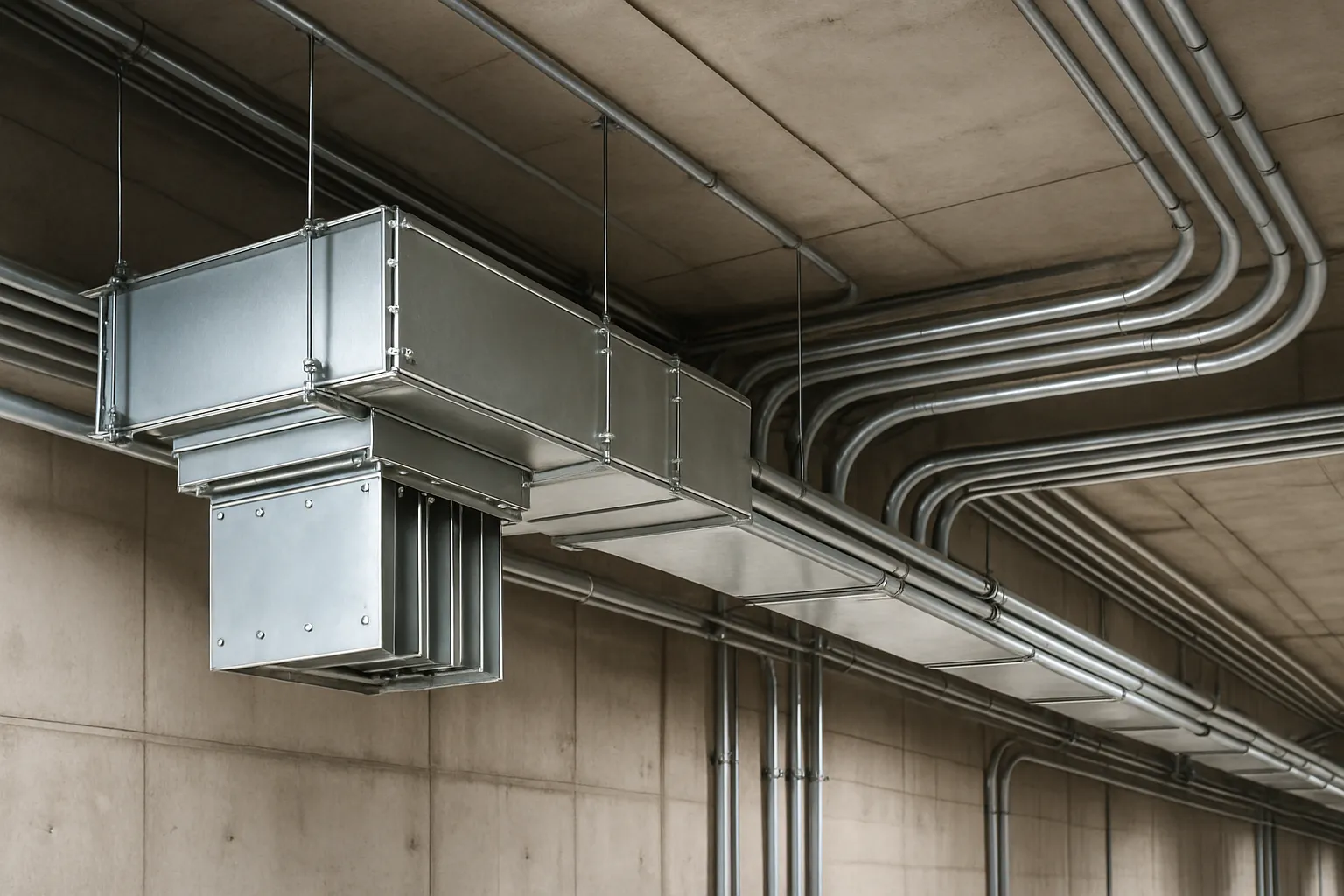 electrical bus duct and conduit running along a commercial building ceiling — commercial electrical