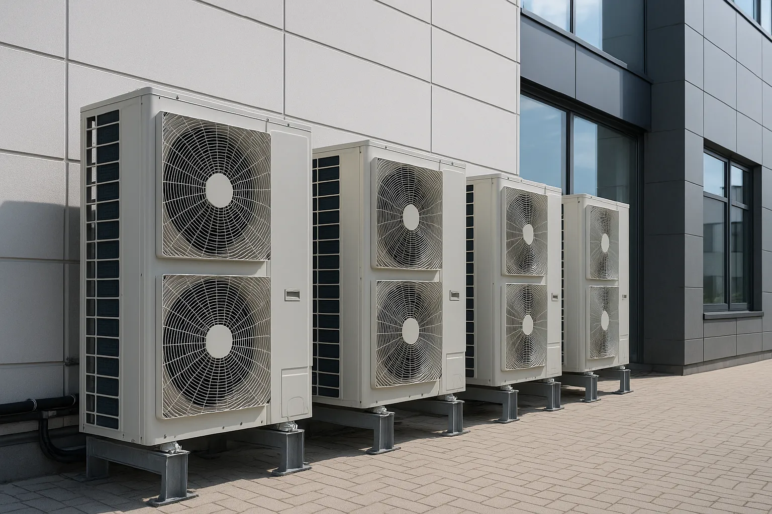 a bank of outdoor VRF/VRV condensing units mounted beside a modern commercial building — commercial HVAC