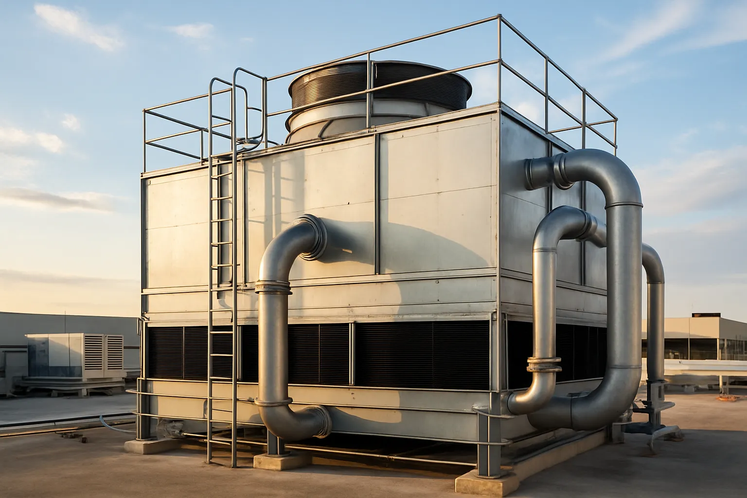 a large rooftop cooling tower at a commercial facility, late afternoon light — commercial HVAC