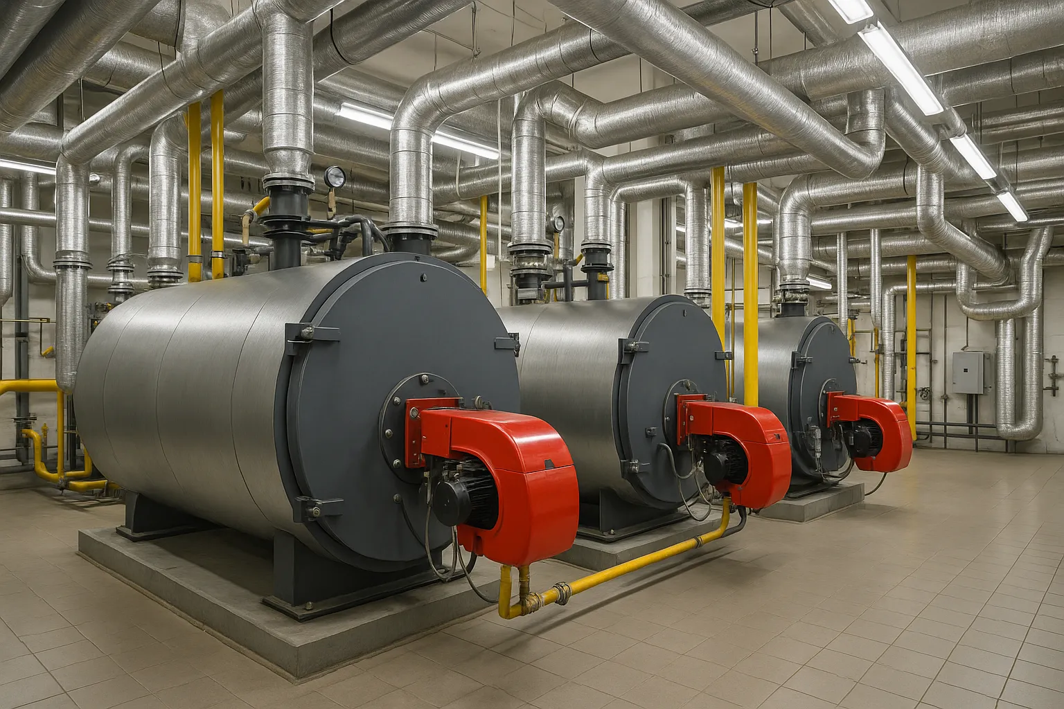 a commercial boiler room with industrial gas boilers and insulated piping — commercial HVAC