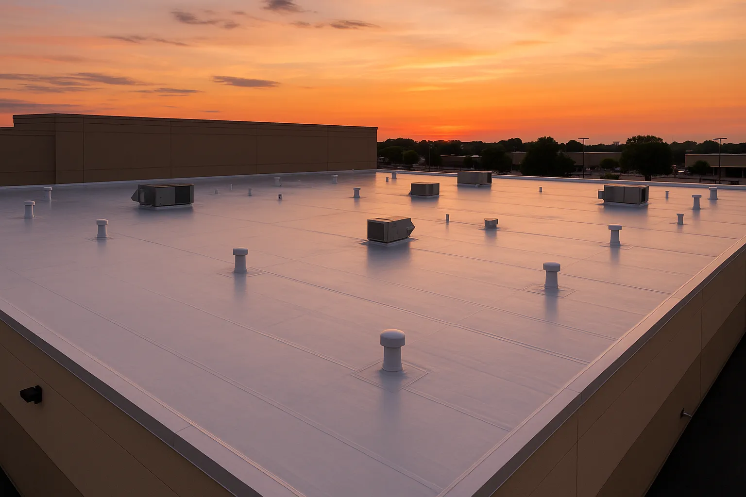 a freshly installed PVC membrane roof on a big-box retail store at dusk with warm sky — commercial roofing