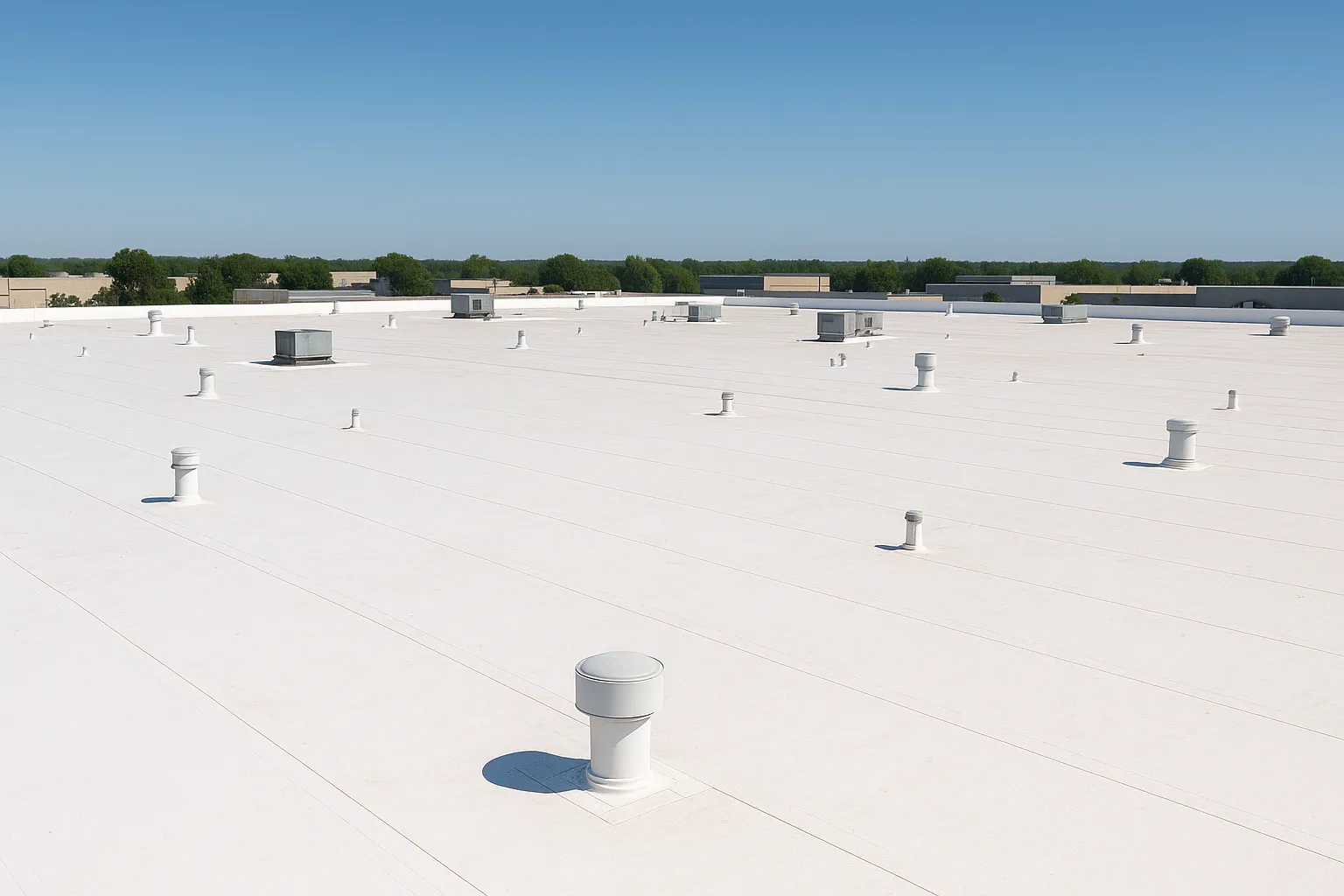 a vast flat commercial rooftop covered in white TPO single-ply membrane under a clear blue sky — commercial roofing