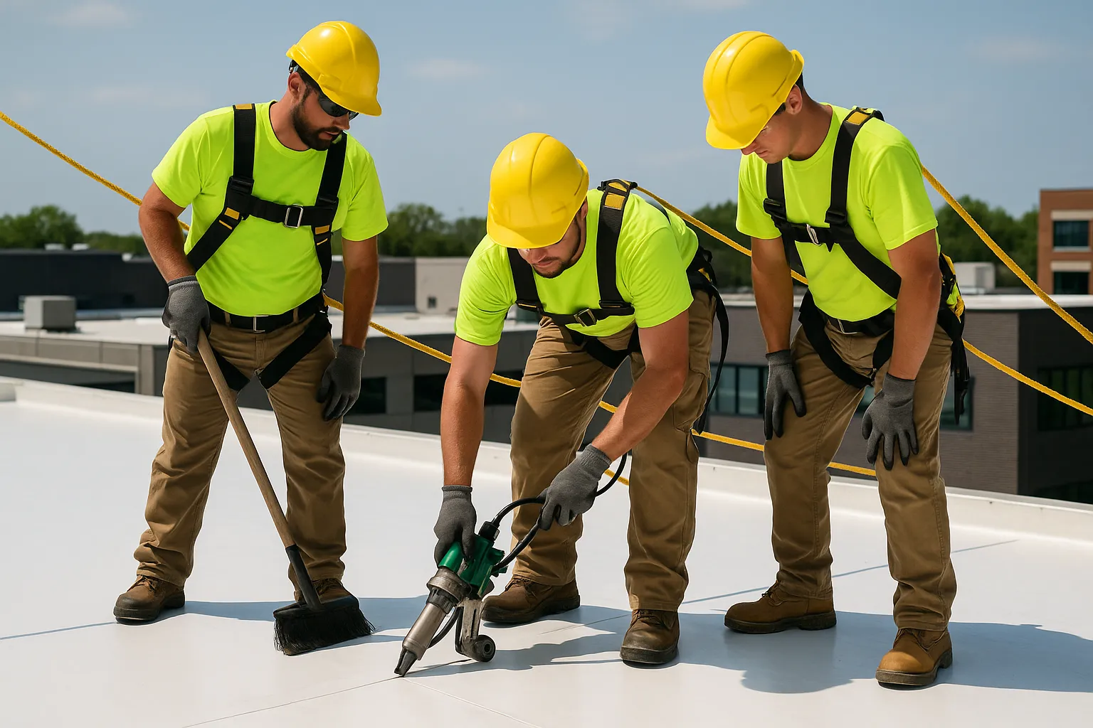 a roofing crew in safety harnesses heat-welding TPO membrane seams on a low-slope commercial roof — commercial roofing