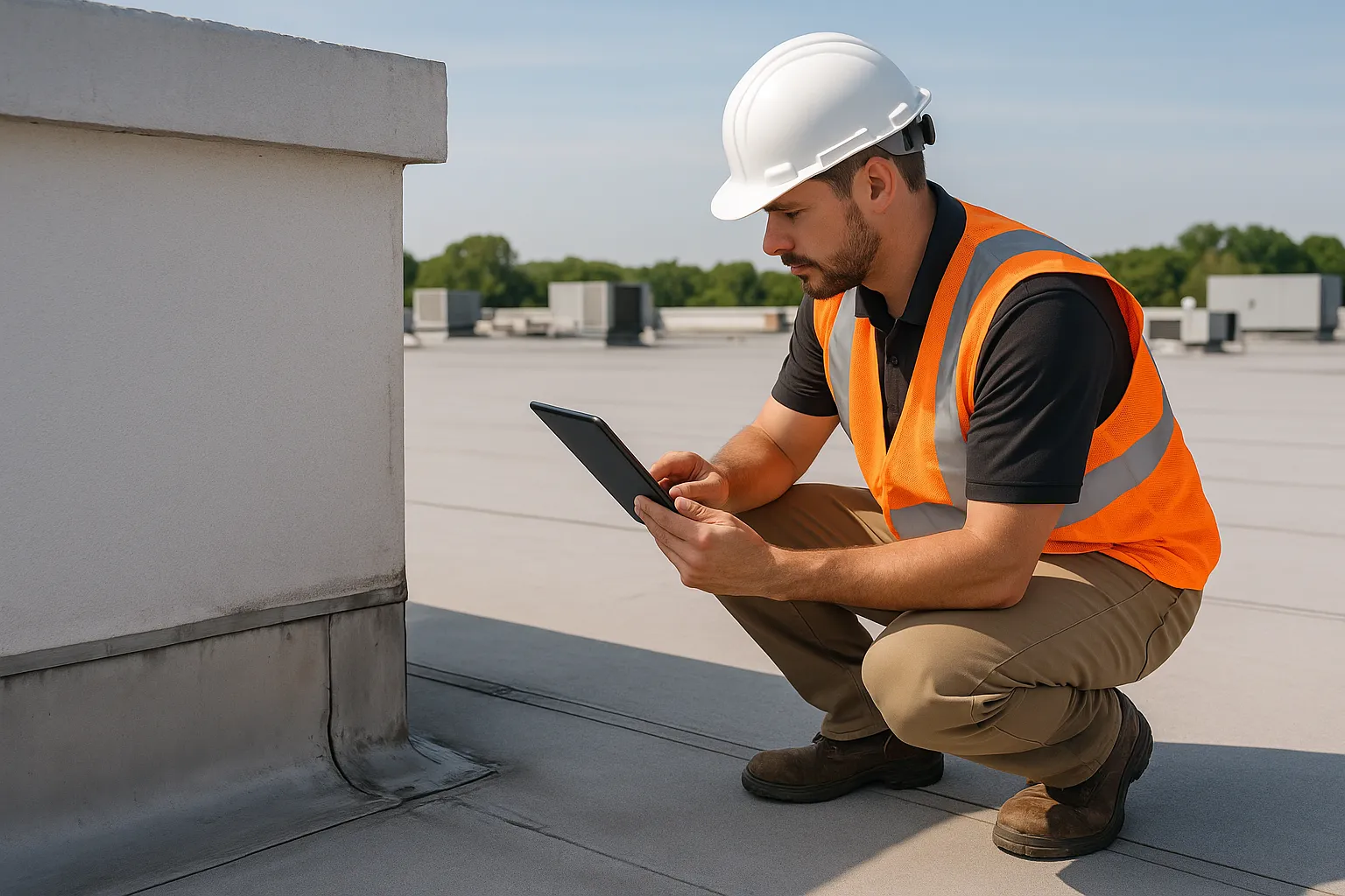 a commercial roof inspector documenting flashing and seam condition with a tablet on a rooftop — commercial roofing