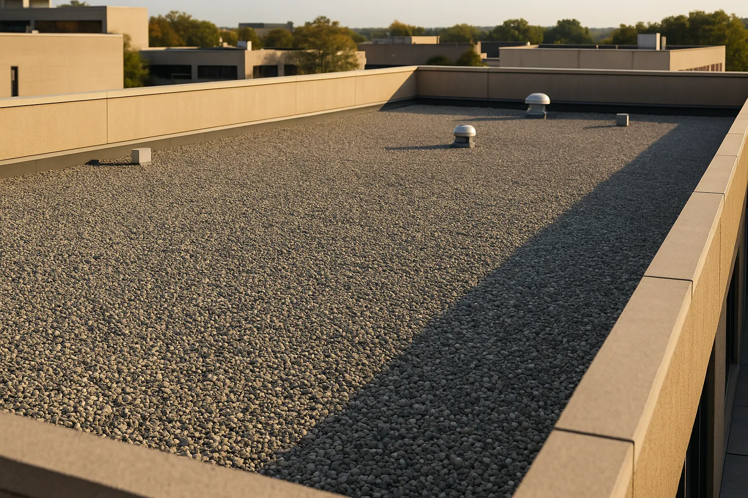 a built-up (BUR) gravel roof surface on a commercial building with parapet walls, late afternoon light — commercial roofing