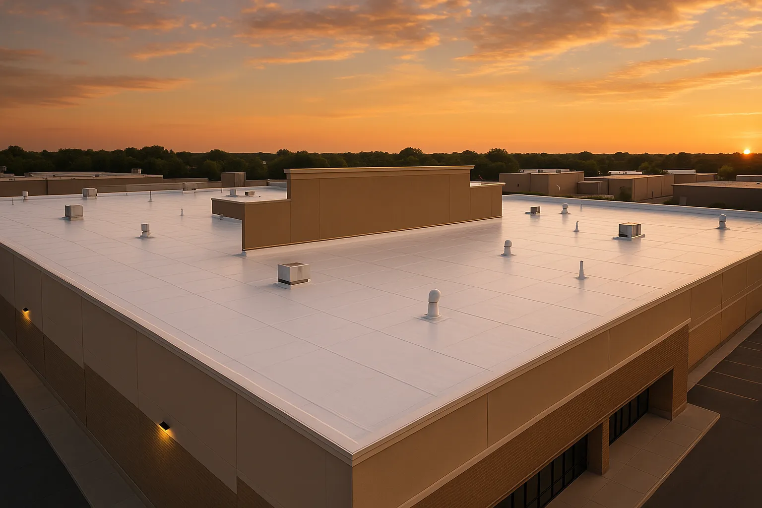 a freshly installed PVC membrane roof on a big-box retail store at dusk with warm sky — commercial roofing