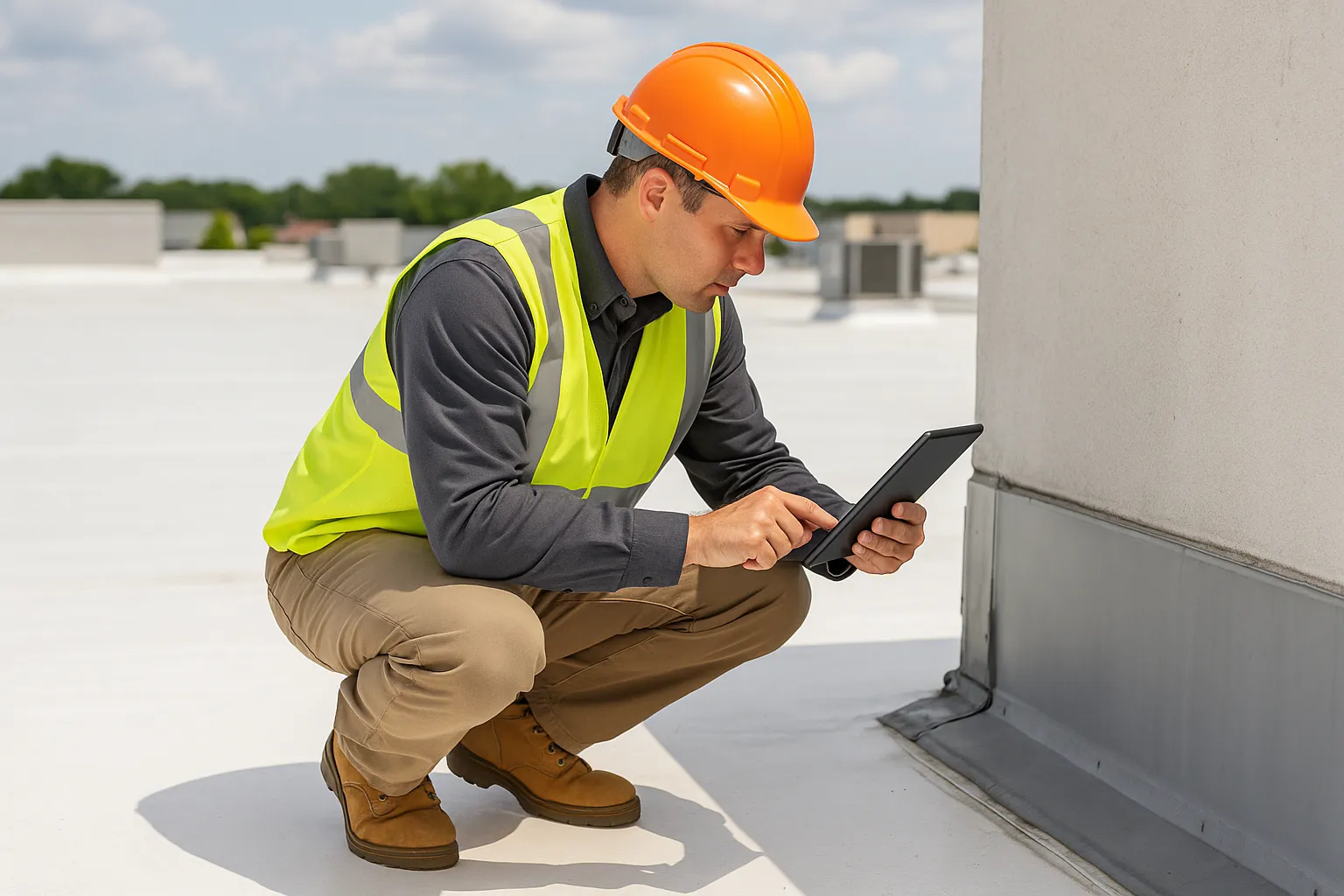 a commercial roof inspector documenting flashing and seam condition with a tablet on a rooftop — commercial roofing