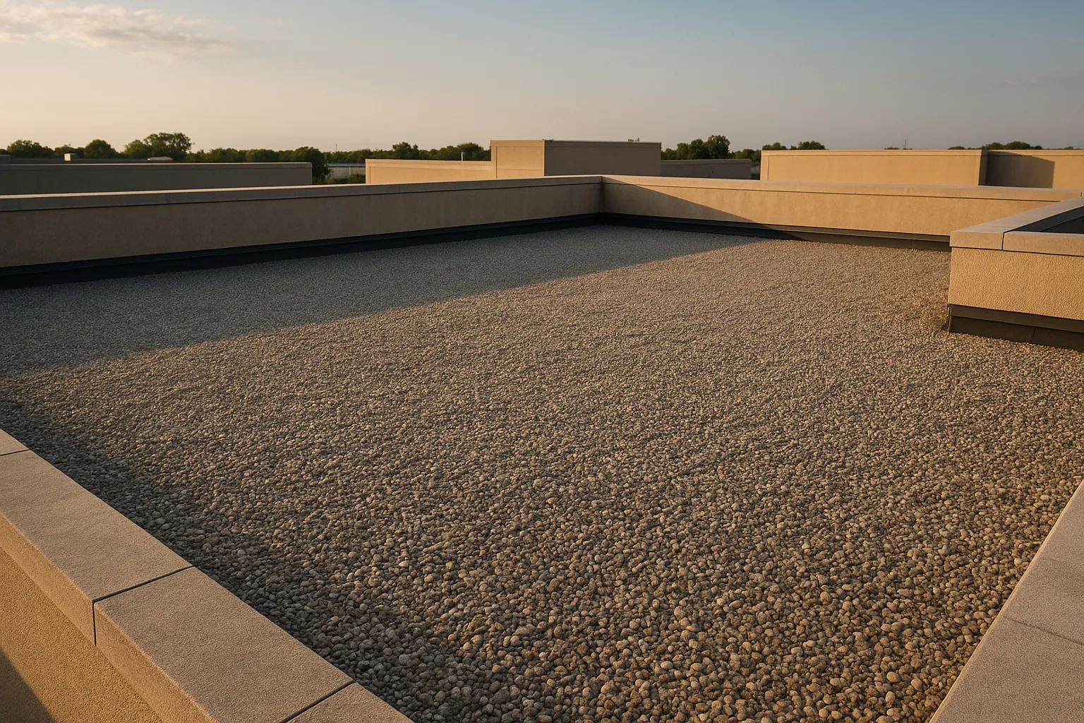 a built-up (BUR) gravel roof surface on a commercial building with parapet walls, late afternoon light — commercial roofing