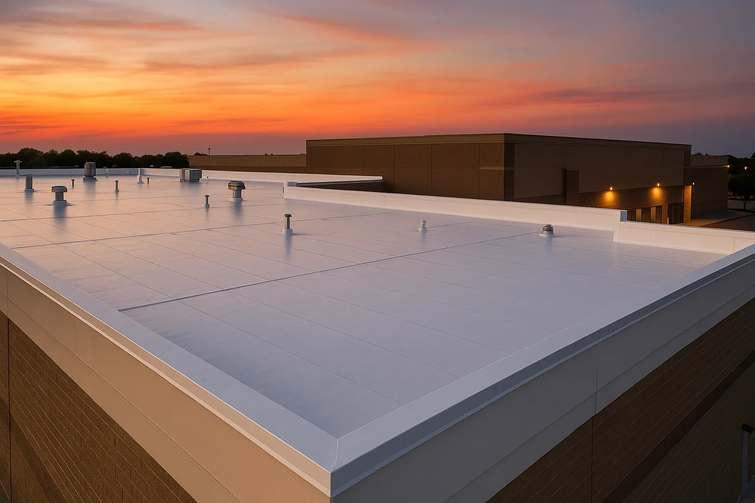 a freshly installed PVC membrane roof on a big-box retail store at dusk with warm sky — commercial roofing