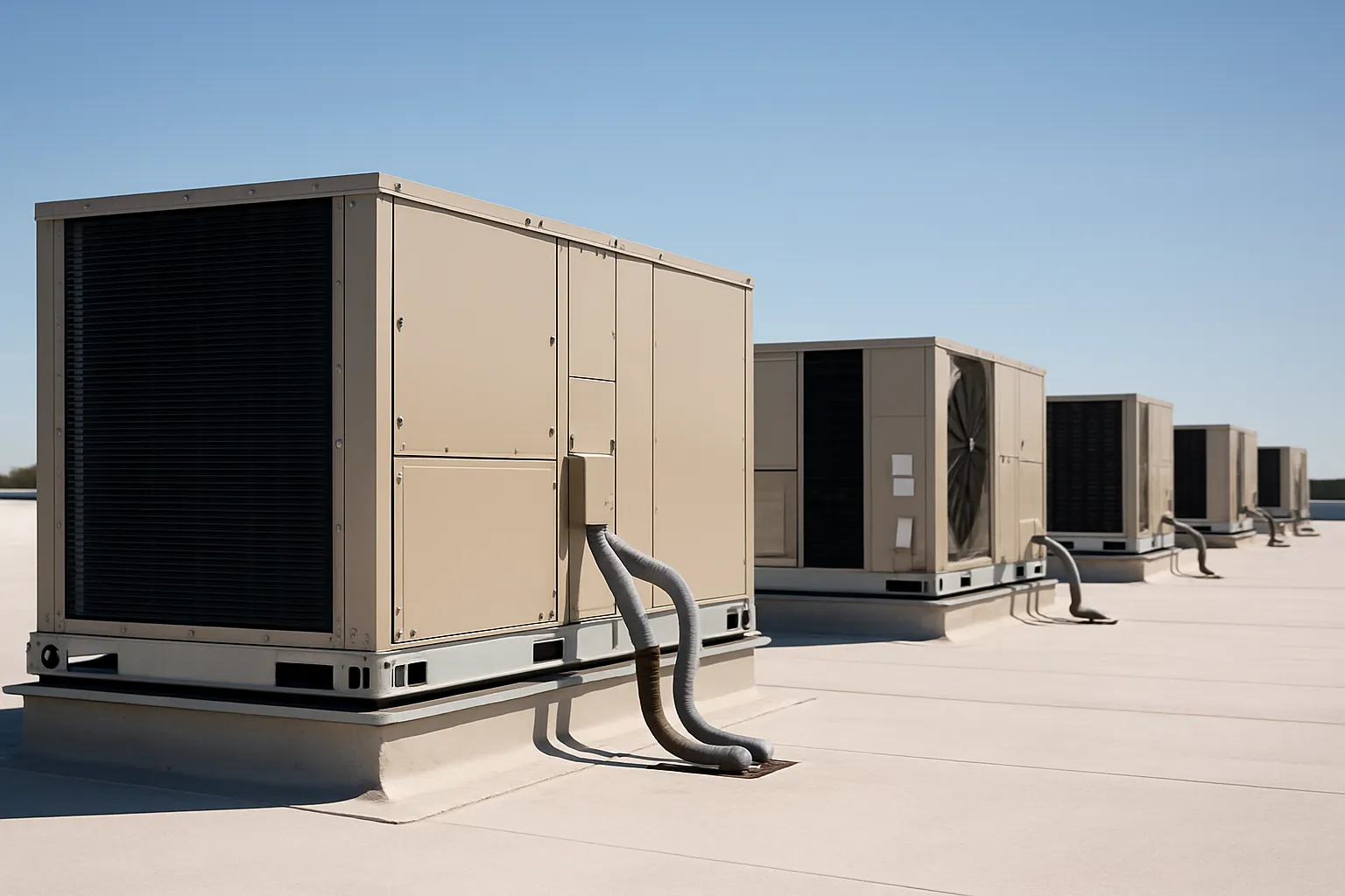 a row of rooftop packaged HVAC units (RTUs) on a flat commercial building roof under a clear sky — commercial HVAC