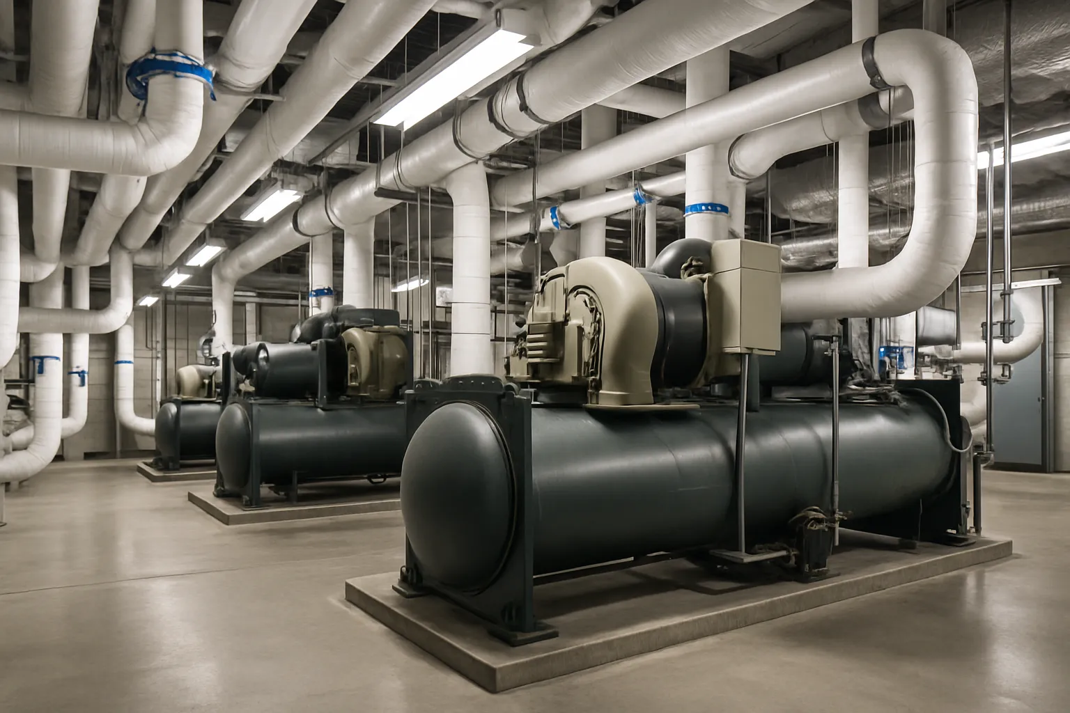 the interior of a commercial mechanical room with large water-cooled chillers and insulated piping — commercial HVAC
