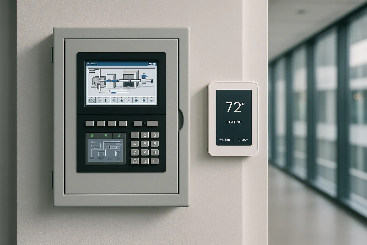 a building automation system control panel and smart HVAC controls in a modern commercial building — commercial HVAC