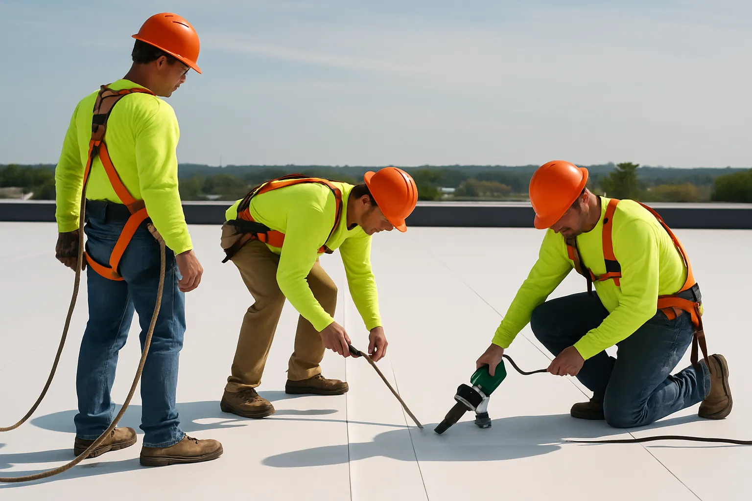 a roofing crew in safety harnesses heat-welding TPO membrane seams on a low-slope commercial roof — commercial roofing