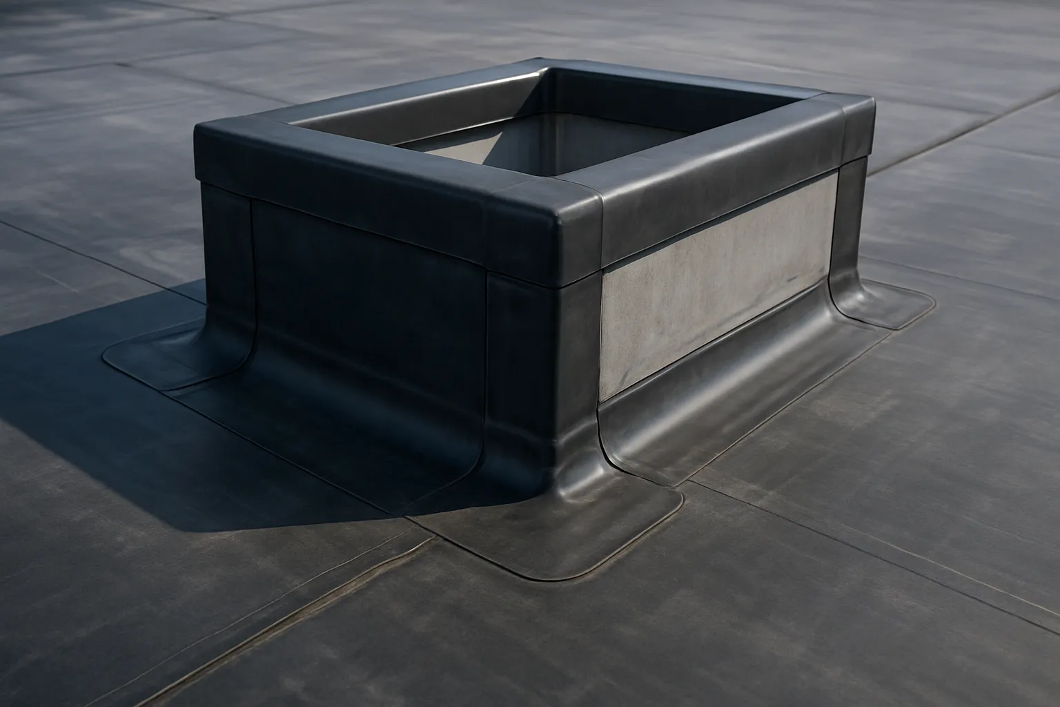 a close-up of EPDM rubber membrane and flashing details around a rooftop curb on a commercial building — commercial roofing