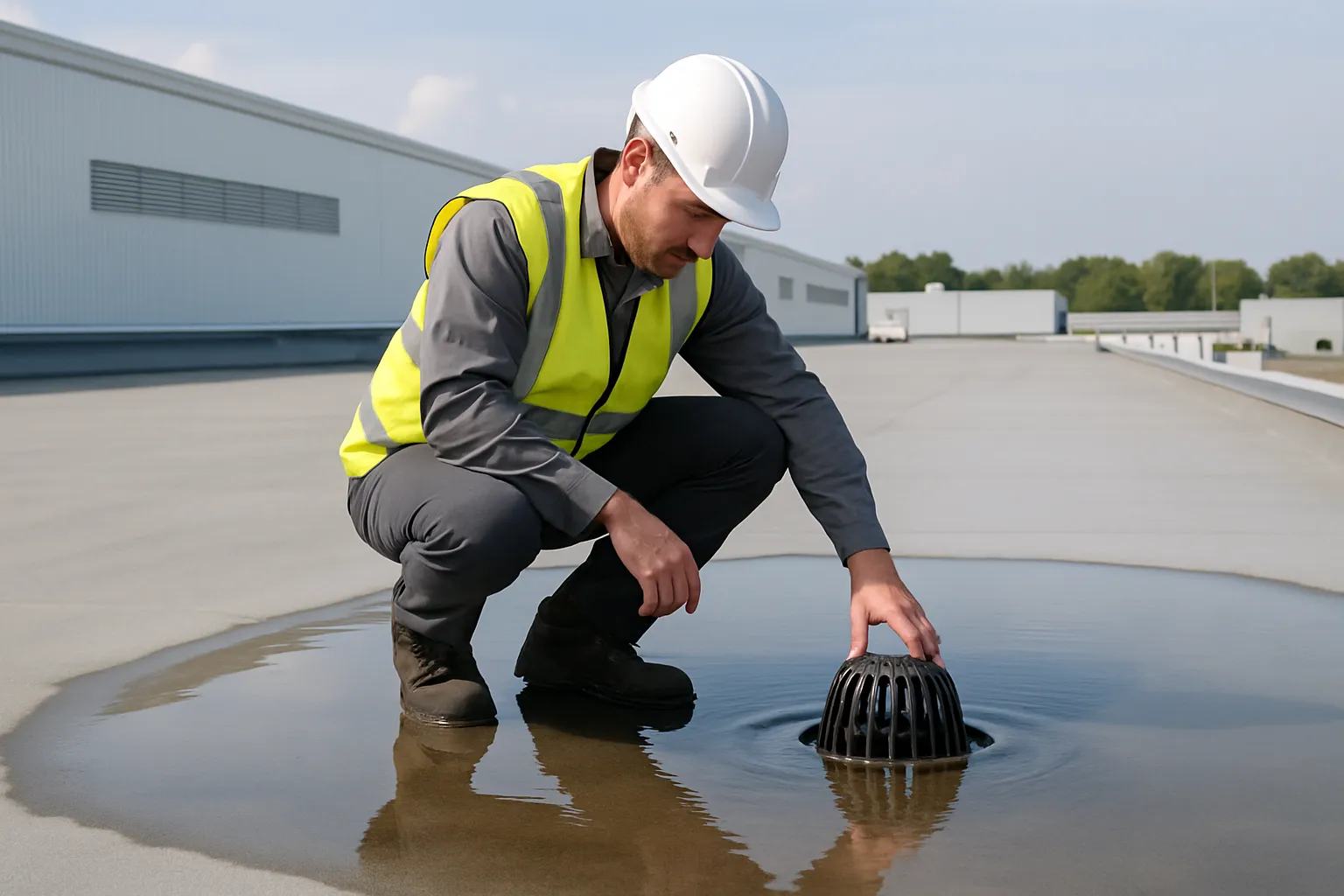 a commercial roofing technician inspecting a roof drain and ponding water on a flat warehouse roof — commercial roofing