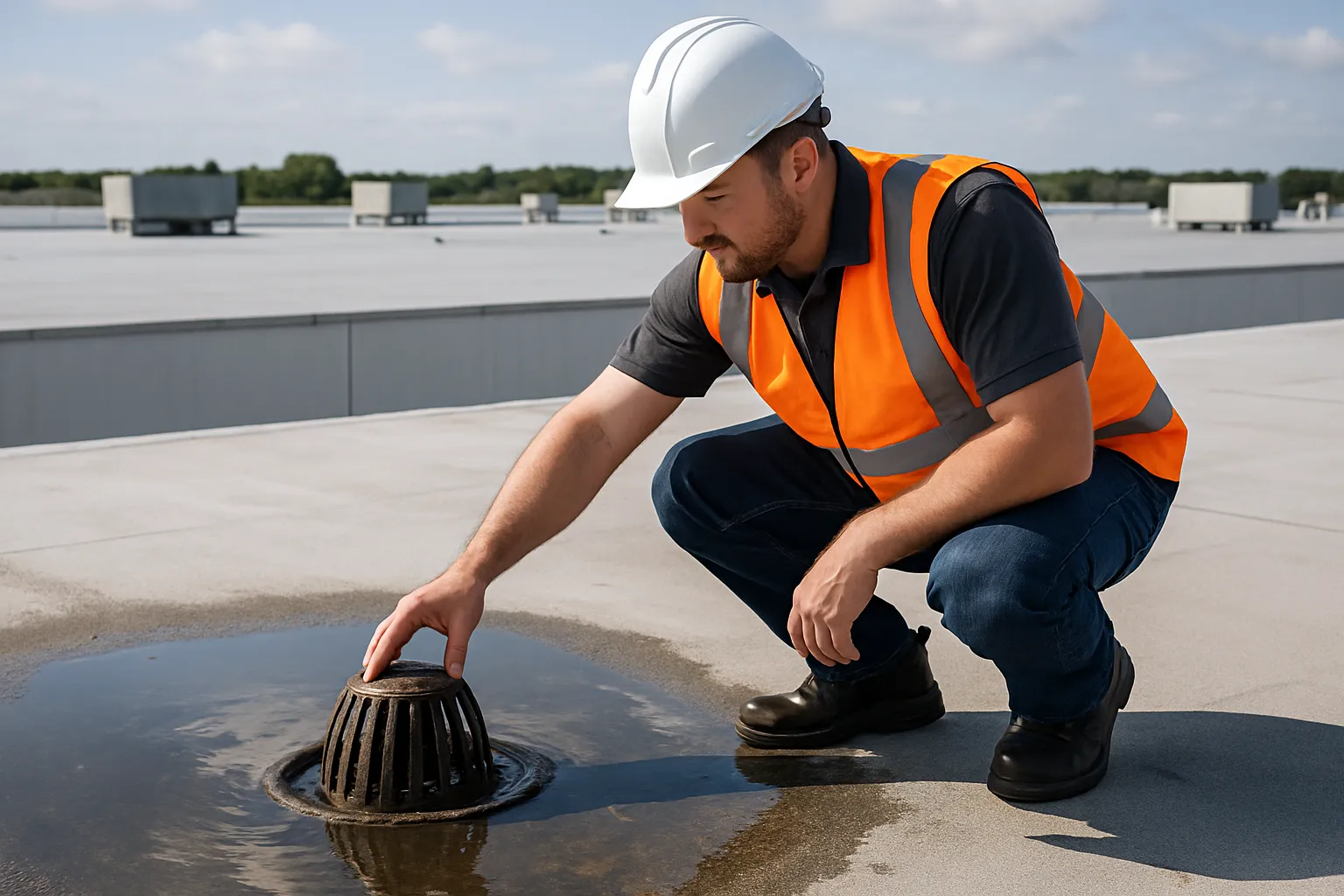 a commercial roofing technician inspecting a roof drain and ponding water on a flat warehouse roof — commercial roofing