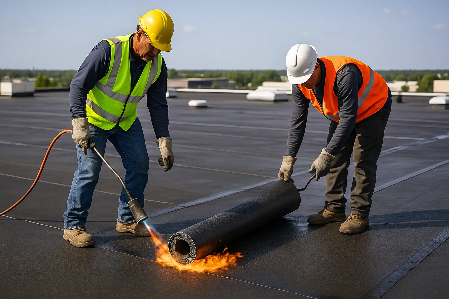 workers rolling out modified bitumen roofing with a torch on a large low-slope commercial roof — commercial roofing