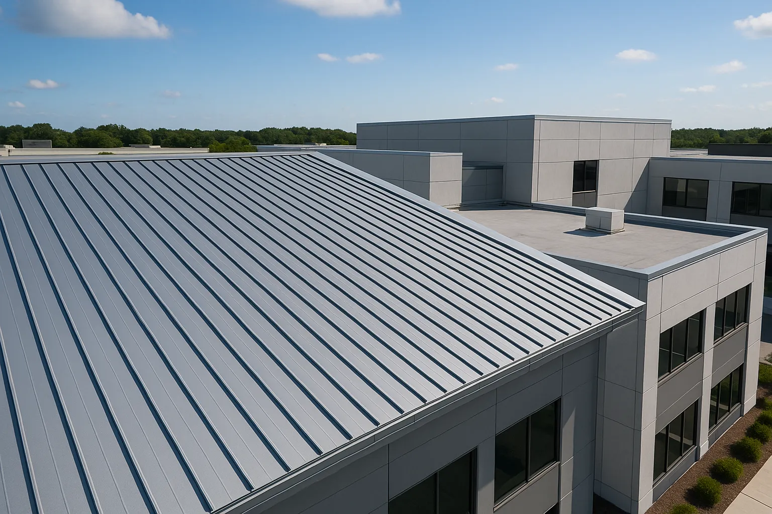 a standing-seam metal roof on a modern commercial building, daytime — commercial roofing