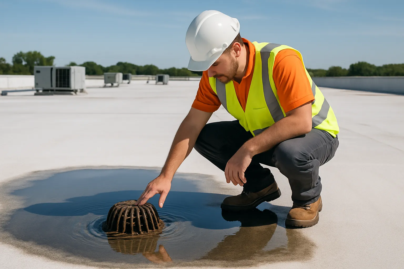 a commercial roofing technician inspecting a roof drain and ponding water on a flat warehouse roof — commercial roofing