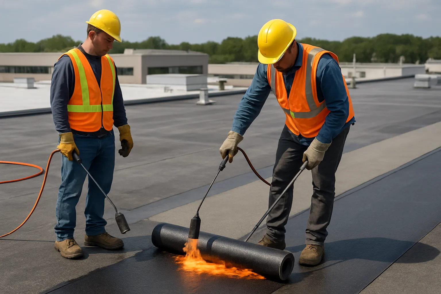 workers rolling out modified bitumen roofing with a torch on a large low-slope commercial roof — commercial roofing