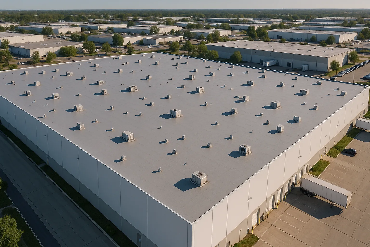 a wide aerial view of an industrial warehouse with an expansive gray flat roof and rooftop HVAC curbs — commercial roofing