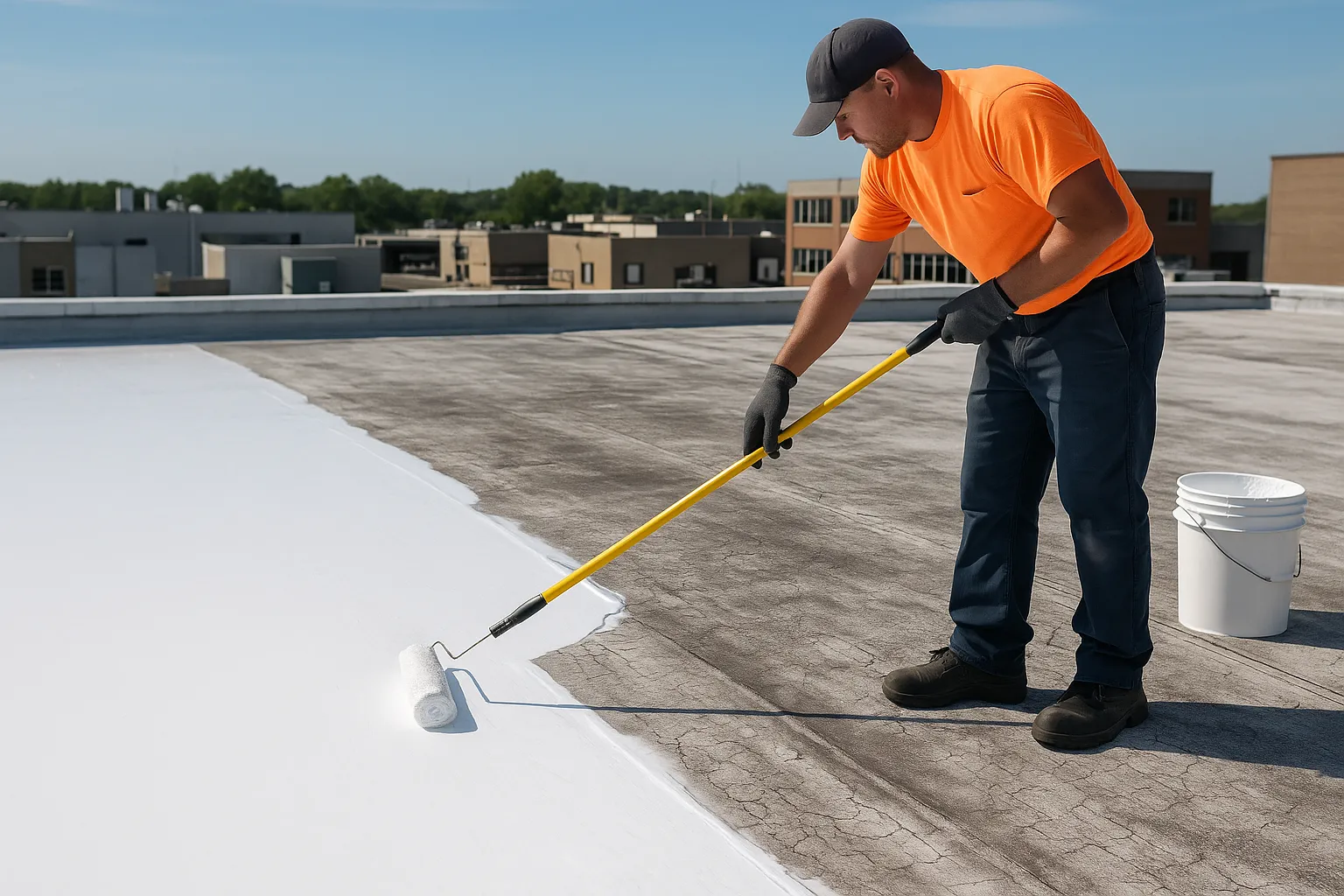 a roofer applying reflective silicone roof coating with a roller on an aging commercial membrane roof — commercial roofing