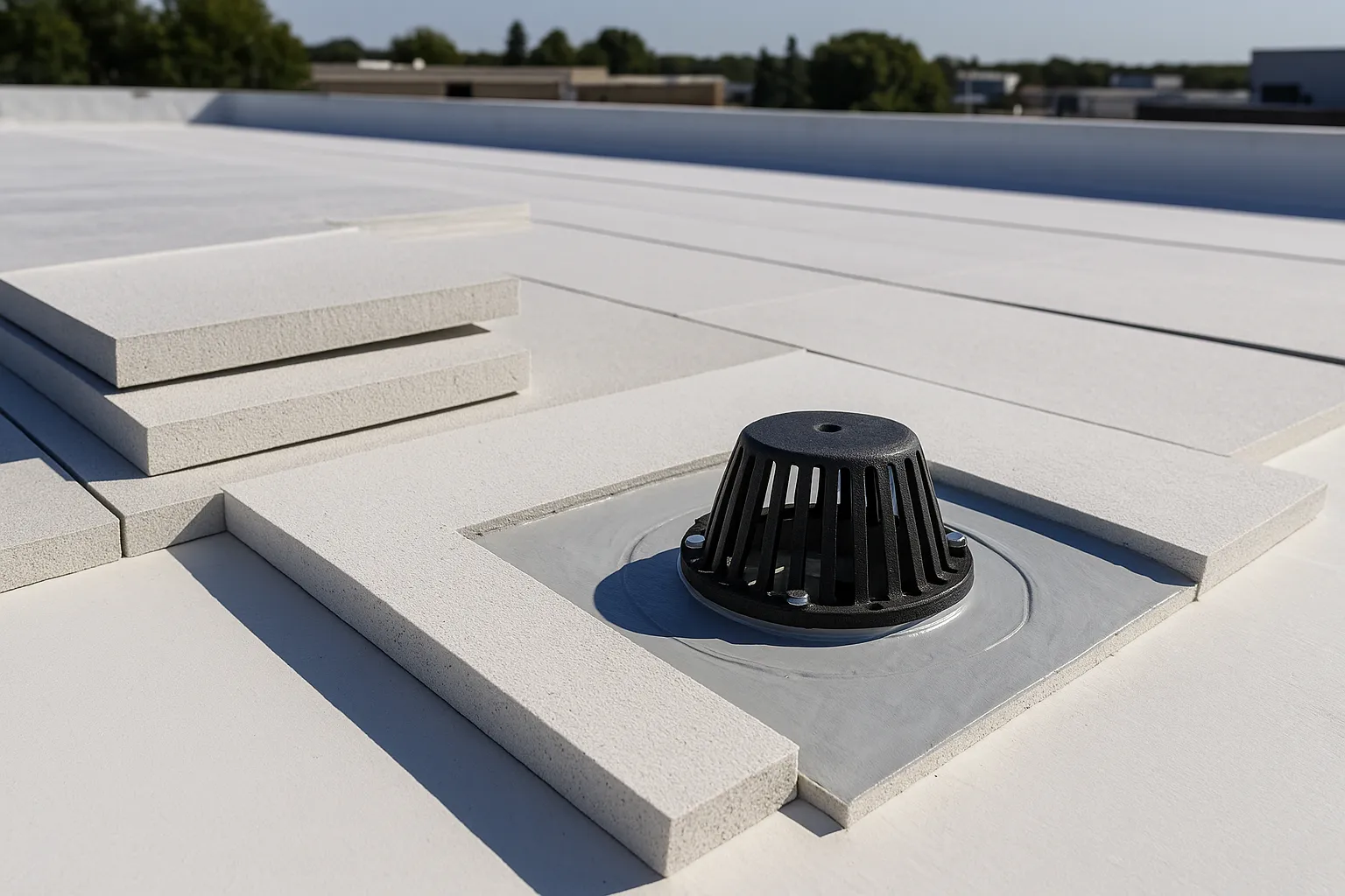 tapered insulation boards and a roof drain being installed on a flat commercial roof deck — commercial roofing