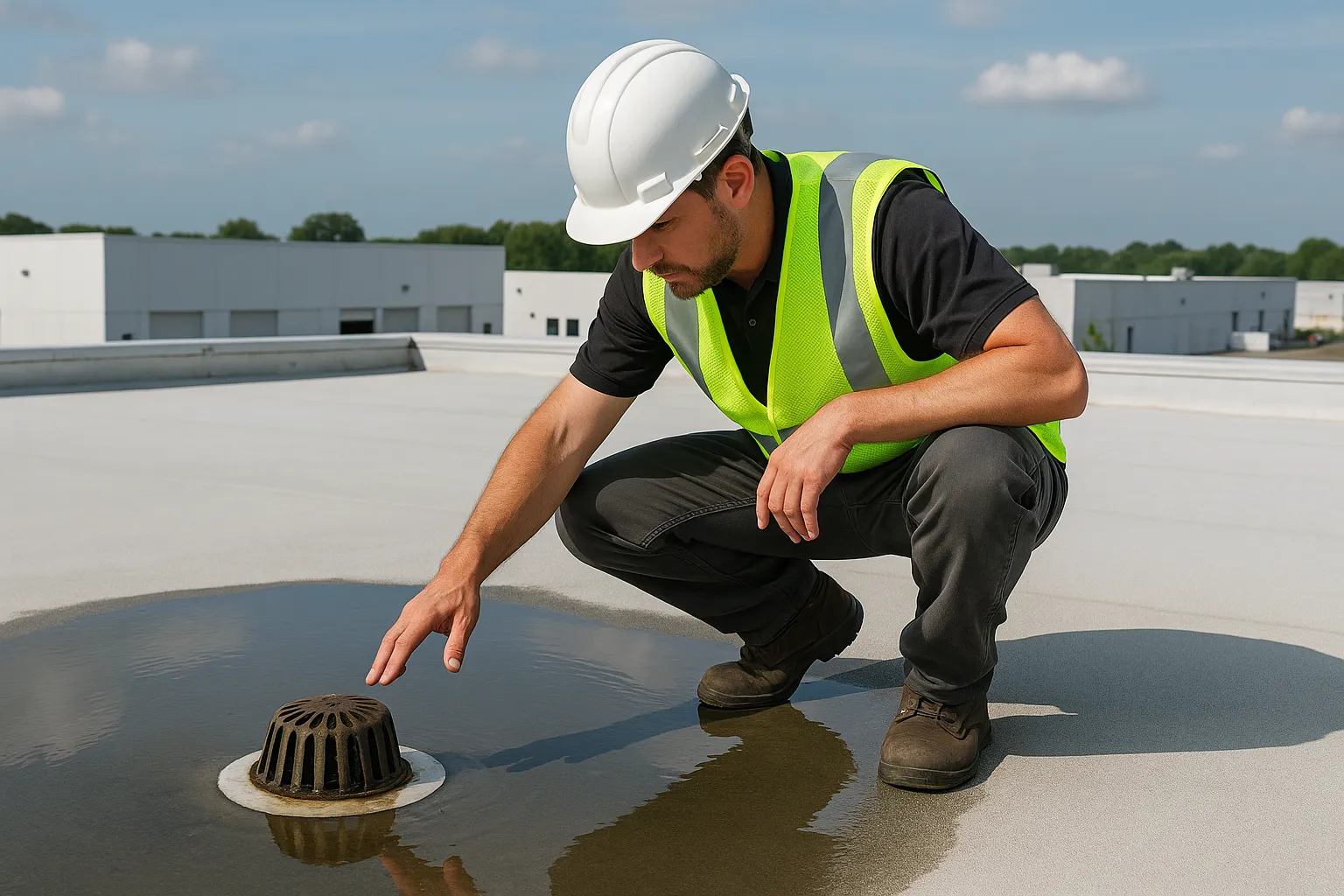 a commercial roofing technician inspecting a roof drain and ponding water on a flat warehouse roof — commercial roofing