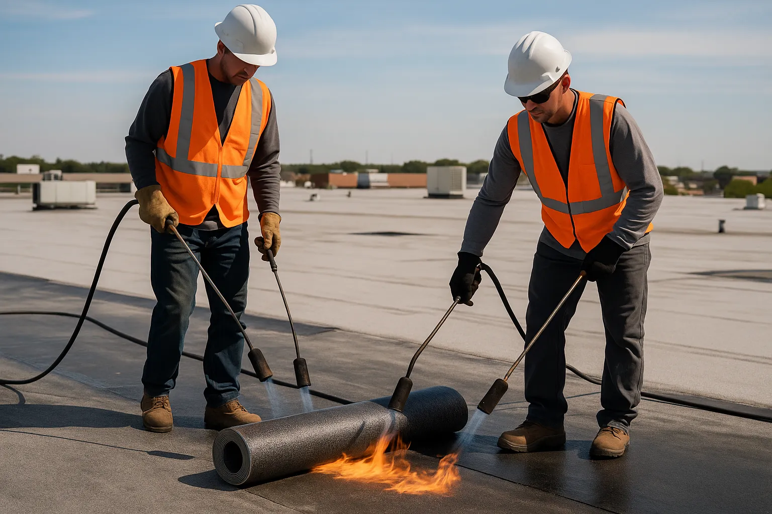 workers rolling out modified bitumen roofing with a torch on a large low-slope commercial roof — commercial roofing