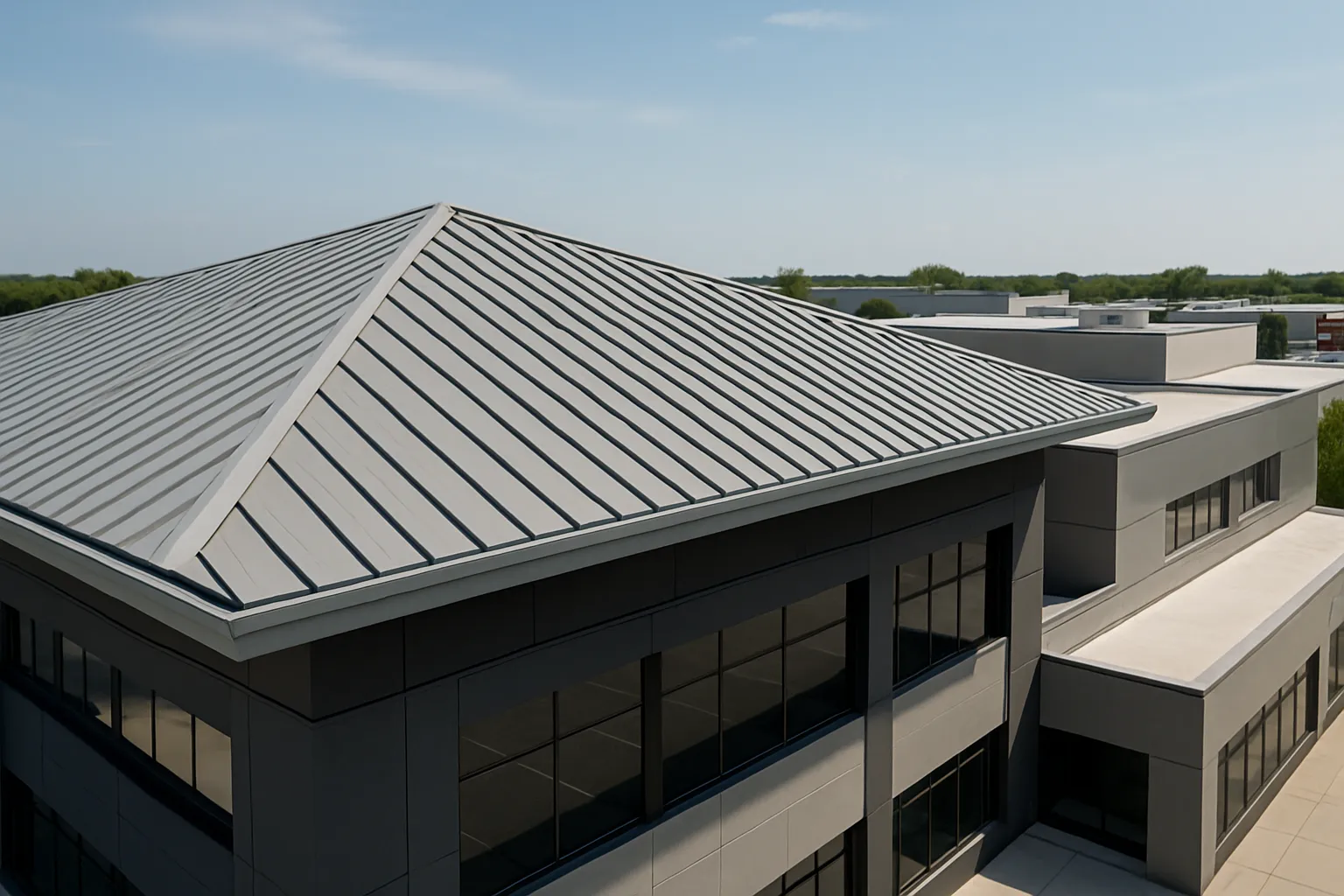 a standing-seam metal roof on a modern commercial building, daytime — commercial roofing